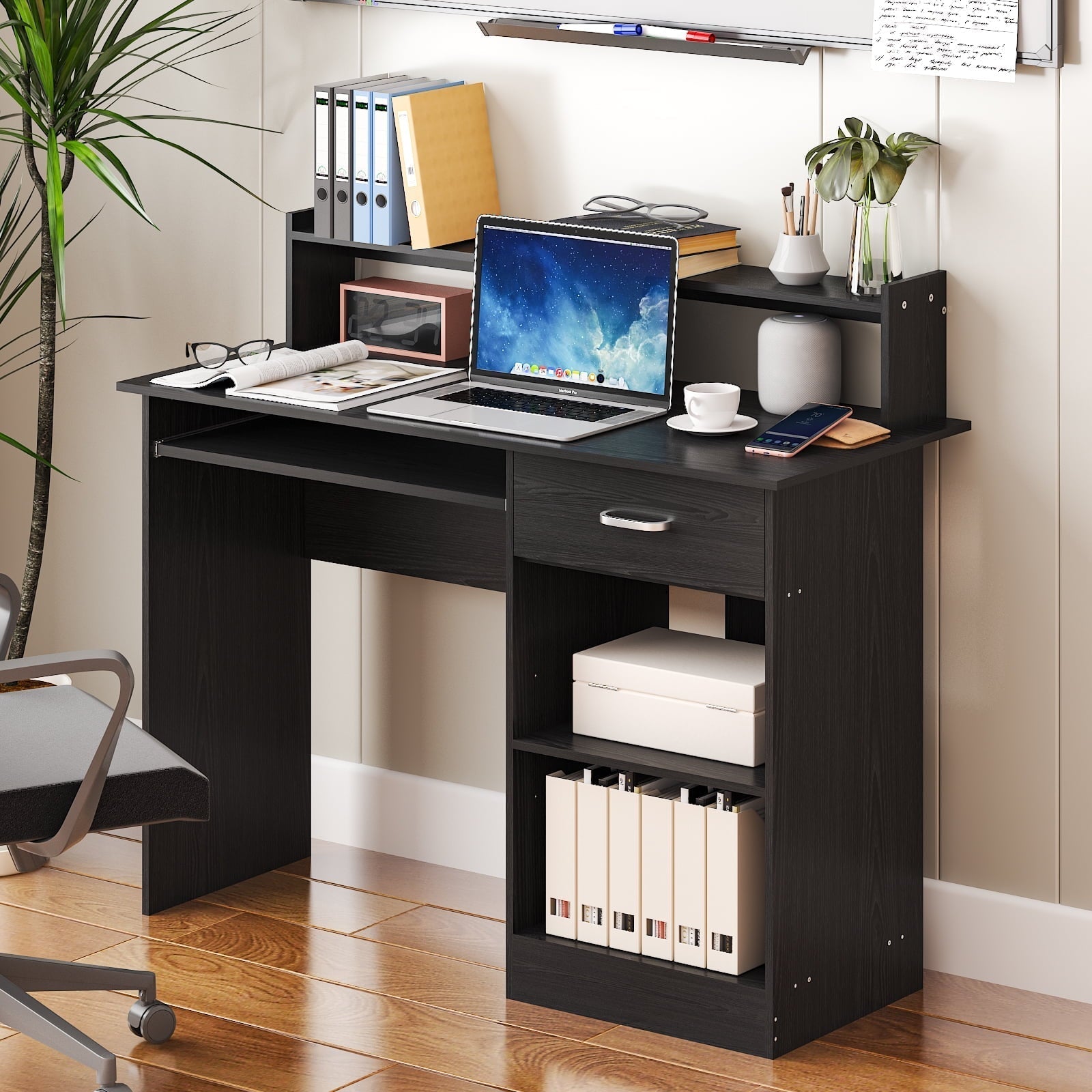 Wood Computer Desk Office Black Laptop PC Work Table Home Drawer & Keyboard Tray