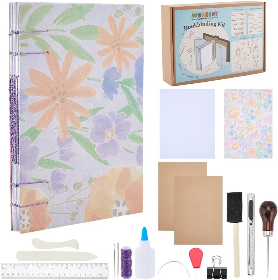 WEBEEDY DIY Coptic Stitch Book Binding Kit for Beginners, Complete Bookbinding Kit to Make Your Own A5 Notebook, Journal, Diary, with Floral Paper, Bone Folder, A4 Papers, Needles, Tools
