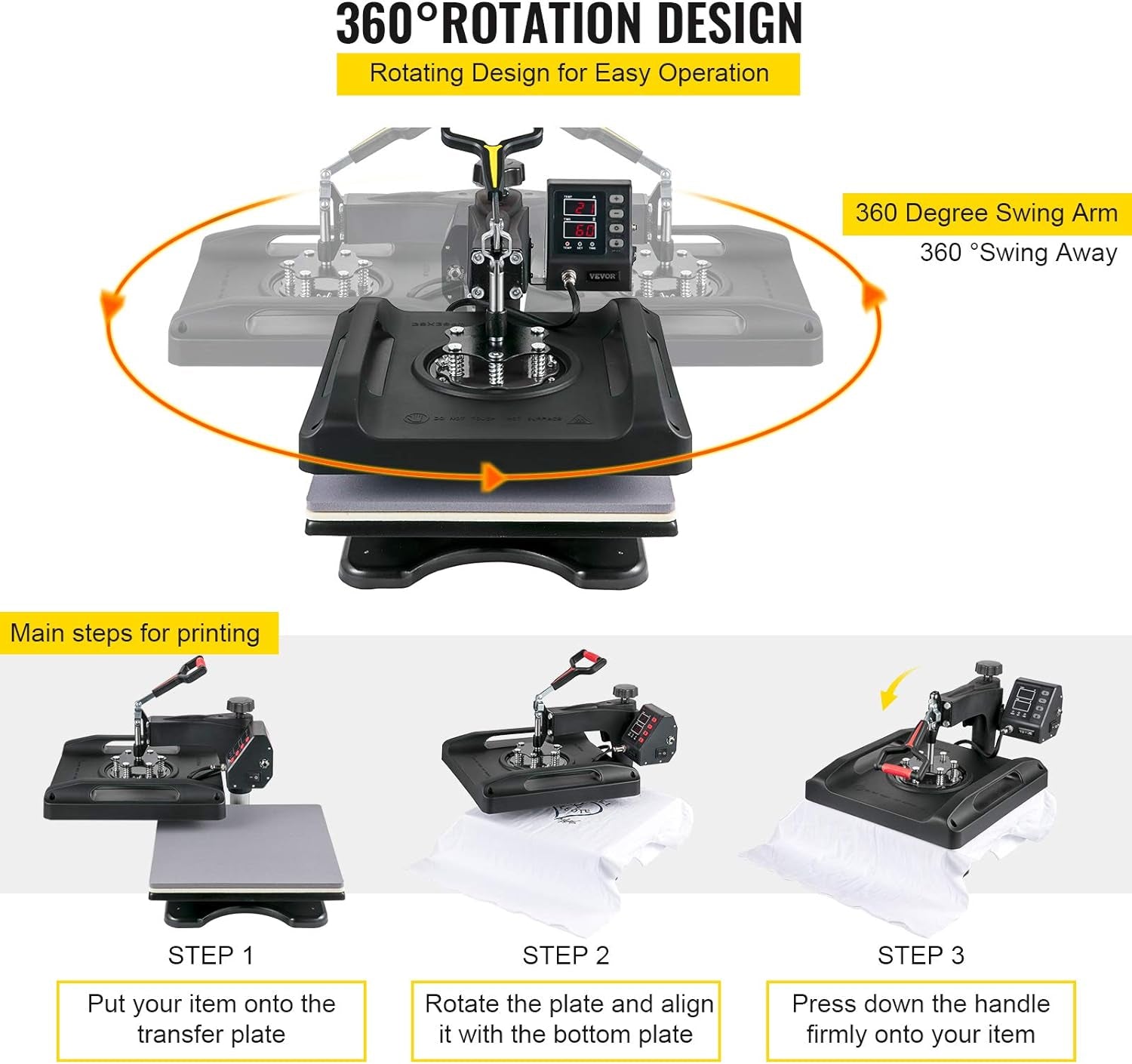 Heat Press Machine, 15X15In 8In1 Heat Press, 800W Sublimation Machine, 360° Rotation Swing-Away Heat Press, Dual-Tube Heating Printing for DIY T-Shirts Cap Mugs (Black)