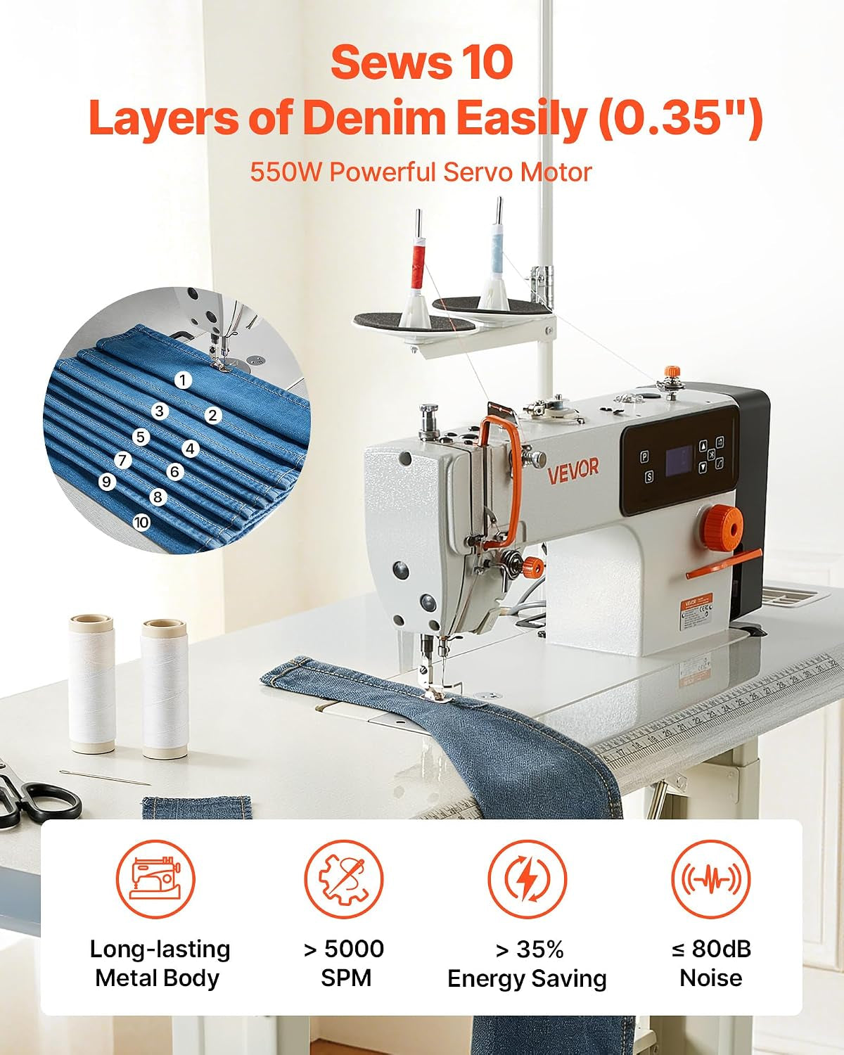 VEVOR Industrial Lockstitch Sewing Machine, 550W Servo Motor Commercial Sewing Machine Set with Table Stand, 5000 SPM High Speed, Auto Thread Trimmer, Metal Frame for Denim Cotton Sewing