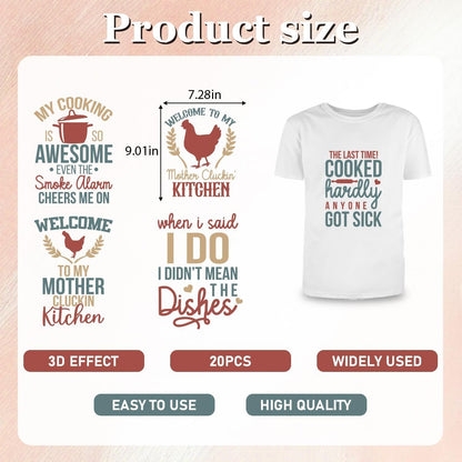 Dtf Transfers Ready to Press - 20Pcs Funny Kitchen Quotes Iron on Transfers for Tshirts Kitchen Designs Iron on Decals Cooking Baking Heat Transfer Vinyl Stickers for Clothing Pillows Bag DIY Crafts