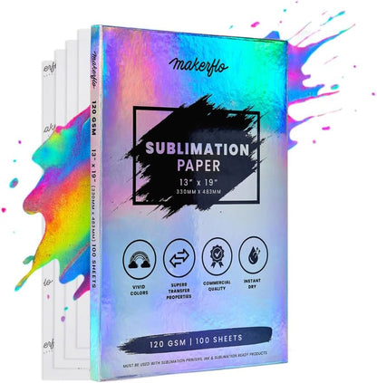 Makerflo Sublimation Paper 13 X 19 Inch 100 Sheets, Heat Transfer Sublimation Paper for Tumblers T-Shirts Phone Case Mugs, Printable Stickers Gifting Christmas DIY Enthusiast