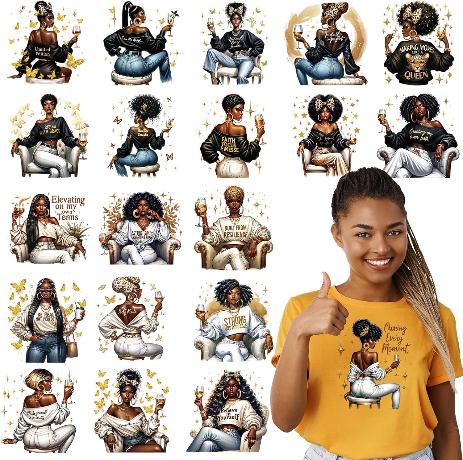 Dtf Transfers Ready to Press - 20 Pcs African American Women Iron on Transfers for T-Shirts Black Girl Heat Transfer Vinyl Patches Decals for Clothes Bag Pillow DIY Decor