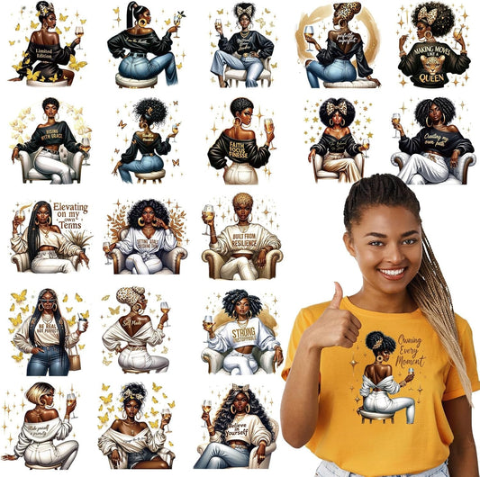 Dtf Transfers Ready to Press - 20 Pcs African American Women Iron on Transfers for T-Shirts Black Girl Heat Transfer Vinyl Patches Decals for Clothes Bag Pillow DIY Decor