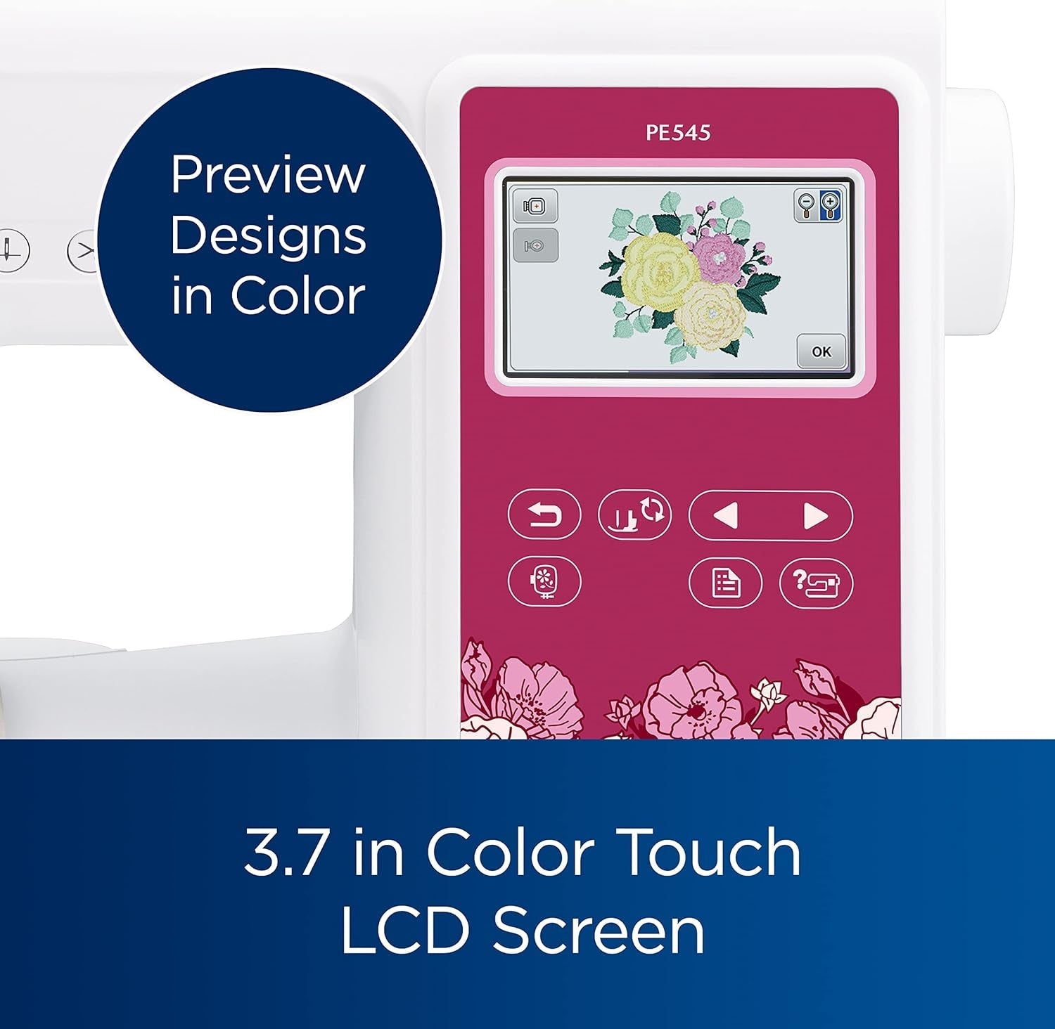 Brother PE545 Embroidery Machine, Wireless LAN Connected, 135 Built-In Designs, 4" X 4" Hoop Area, Large 3.7" LCD Touchscreen, USB Port, 10 Font Styles