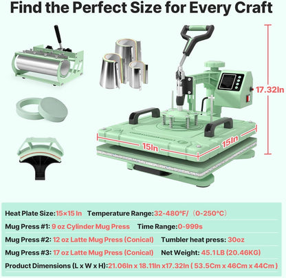 Slendor 8 in 1 Heat Press Machine 15X15 Inch 360-Degree Swing Away Digital T Shirt Pressing Machine Multifunction Heat Transfer Sublimation Combo for T Shirts Mugs Hat Plate Cap, Green