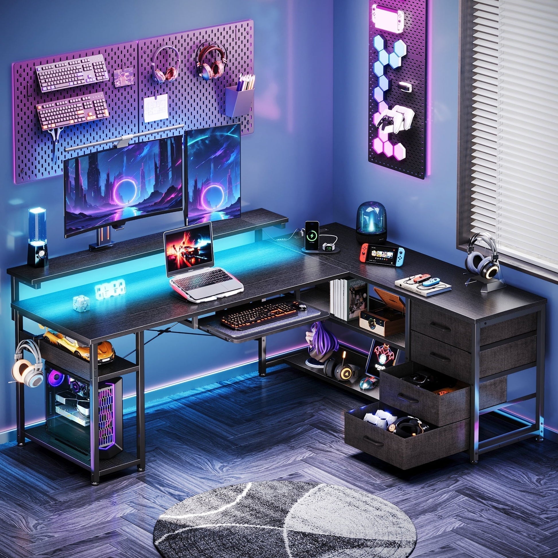 61 Inch L Shaped Gaming Desk with 4 Drawers & Power Outlets, Home Office Desk with Adjustable Heights Monitor Stand & Keyboard Tray, Computer Desk with LED Light, Pure Black