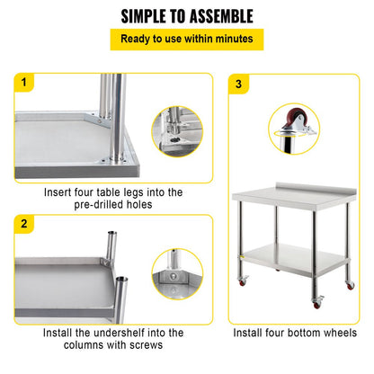 Stainless Steel Prep Table, 24 X 15 X 35 Inch, 440Lbs Load Capacity Heavy Duty Metal Worktable with Backsplash Adjustable Undershelf & 4 Casters, Commercial Workstation for Kitchen Restaurant