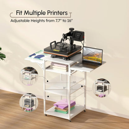 4 Tier Heat Press Table with Pull-Out Tray, Foldable Movable Heat Press Stand with Charging Station for Heat Transfer Machine, Sublimation Printer, Sublimation Transfer Machine Organization