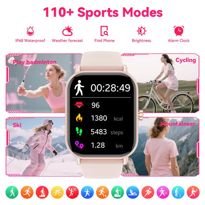 1.85-Inch Men'S and Women'S Smartwatch Fits for Android and Iphone Devices with Fitness Tracker, Pedometer, Answer/Call/120 Sport Modes, IP68 Waterproof Fitness Watch (Pink)
