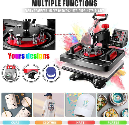 WHUBEFY Upgraded Heat Press Machine for Shirts 15 X 12 Inch T Shirt Press Machine 360-Degree Swing Digital Shirt Printing Heat Transfer Sublimation Machine 5 in 1 Combo for T Shirts Mugs Hat Plate Cap