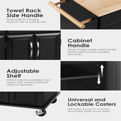 Kitchen Island on Wheels, Rolling Island Cart with Lockable Casters, Handle Towel Rack and 2 Drawers, Black