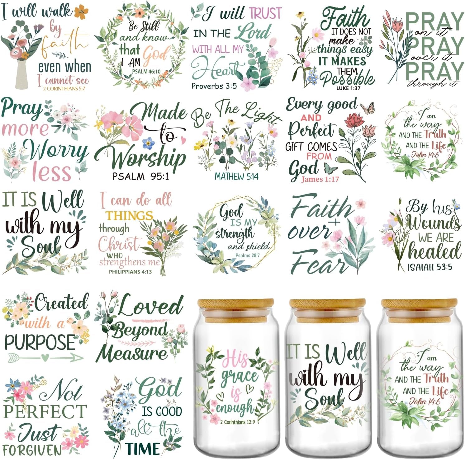 Bible Verse UV DTF Decals - 20 Sheets Christian Motivational Quotes Uvdtf Cup Wraps for 16 Oz Glass Coffee Mug, Flower Butterfly Transfer Stickers DIY Water Bottle Craft Decor Religious Gifts for Mom