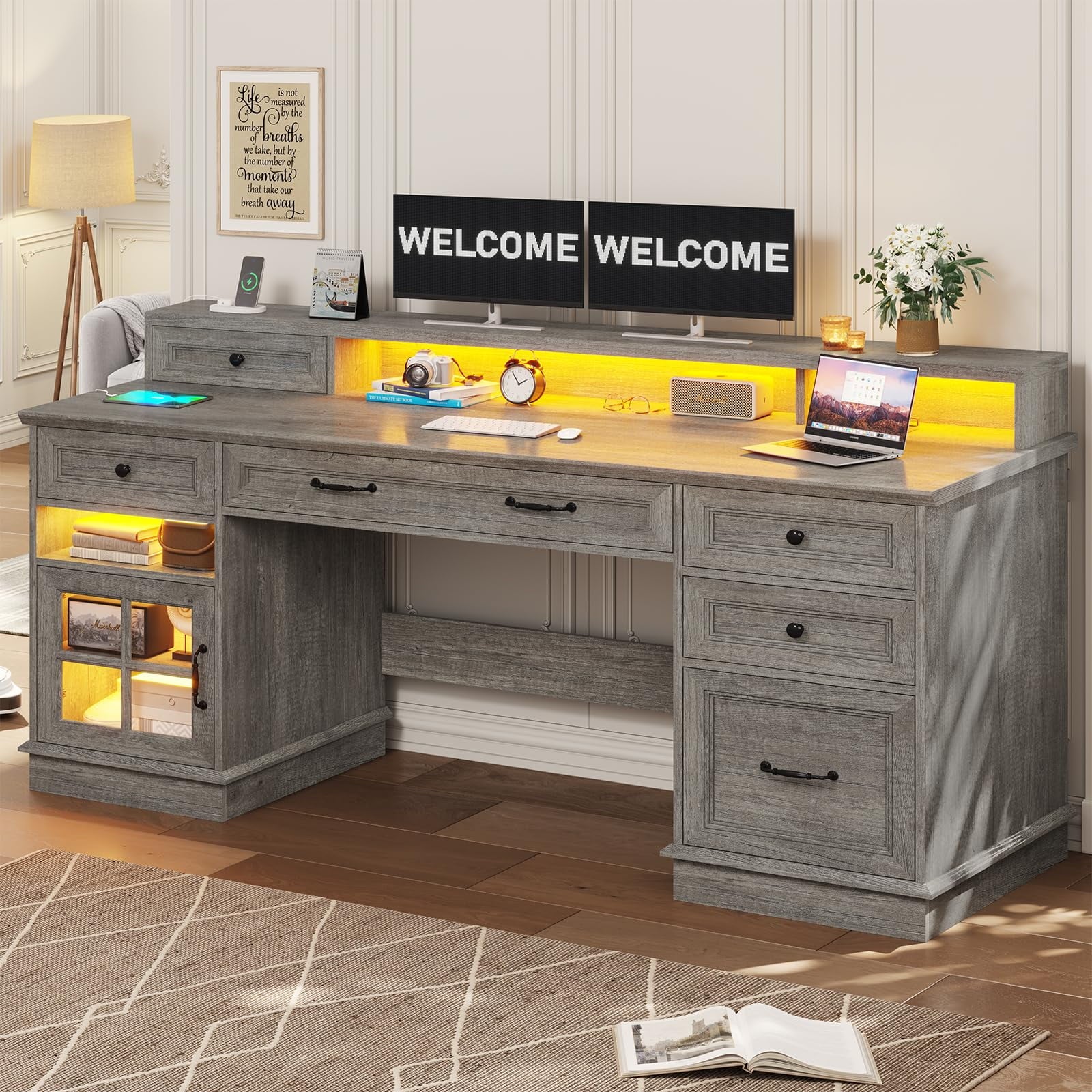 59" Computer Desk with 5 Drawers and Charging Station, Farmhouse Office Desk for Home Office, Gray