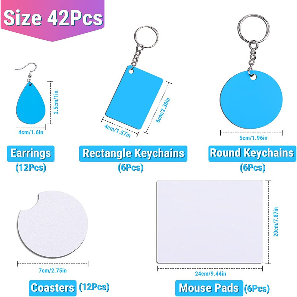 42Pcs Sublimation Blanks Products Set Sublimation Keychain Blank+Earring Blanks+Mouse Pad Blanks+Sublimation Coasters Blanks