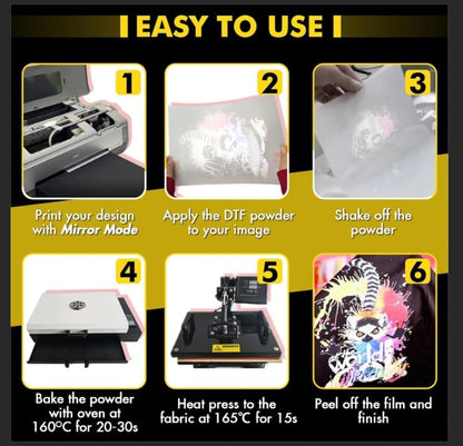 A-SUB DTF Transfer Film and Powder Kit for Sublimation & DTF Printer | 30 Sheets A4 DTF Film, 1.1Lb White Medium Powder, for Printing on Any Fabrics