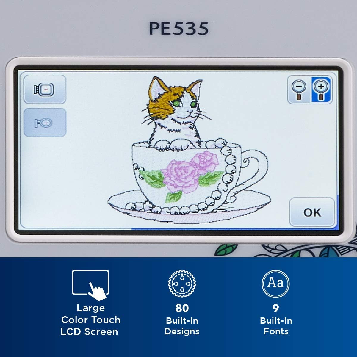 Brother PE535 Embroidery Machine, 80 Built-In Designs, 4" X 4" Hoop Area, Large 3.2" LCD Touchscreen, USB Port, 9 Font Styles