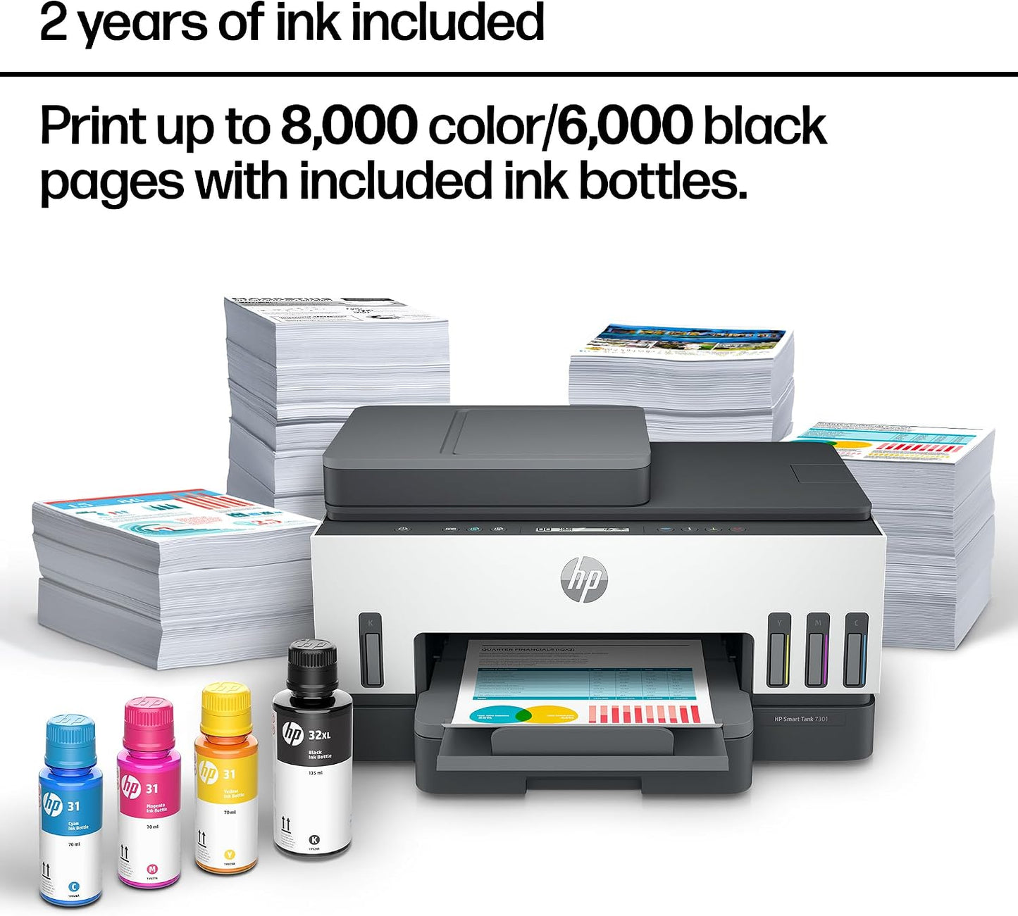 HP Smart Tank 7301 Wireless All-In-One Ink Tank Printer, Scanner, Copier with 2 Years of Ink Included, Best-For-Home Office, Cartridge-Free Refillable, Ai-Enabled (28B70A)