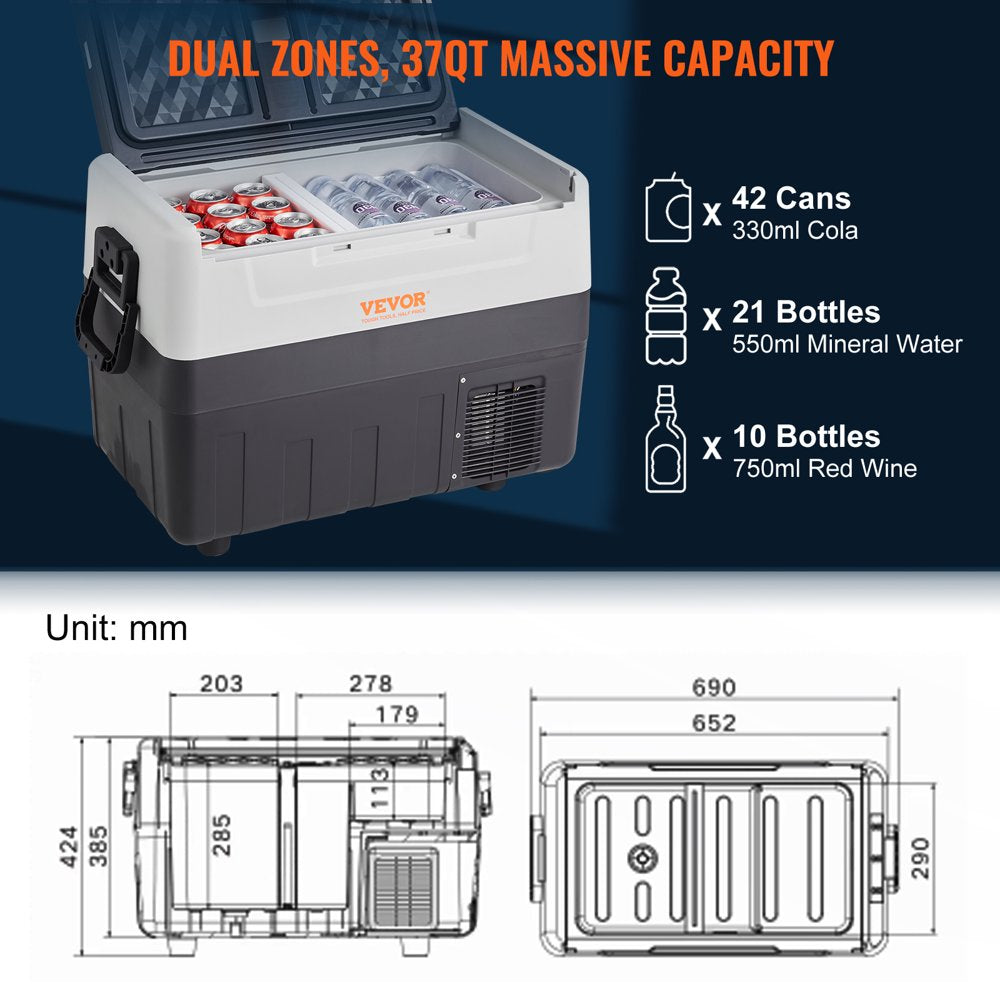 Car Refrigerator 37Qt, 12V Portable Freezer with Dual Zone, 12/24V DC & 110-240V AC Electric Cooler with -4℉-50℉ Cooling Range, for Car Truck Vehicle RV Boat Outdoor & Home Use