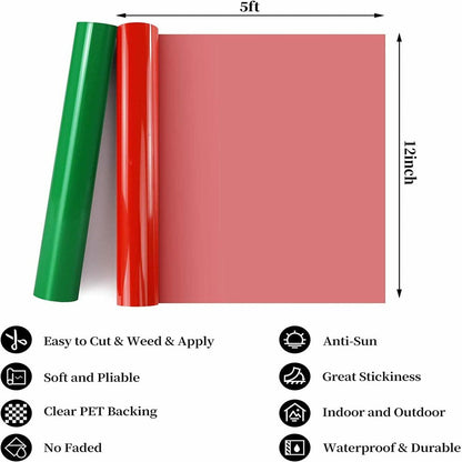 Permanent Adhesive Vinyl Rolls - 12" X 5Ft Glossy Red Vinyl & Green Vinyl & Transfer Tape Set,Red Permanent Vinyl and Green Vinyl for Cricut,Silhouette and Cameo,Scrapbooking,Signs