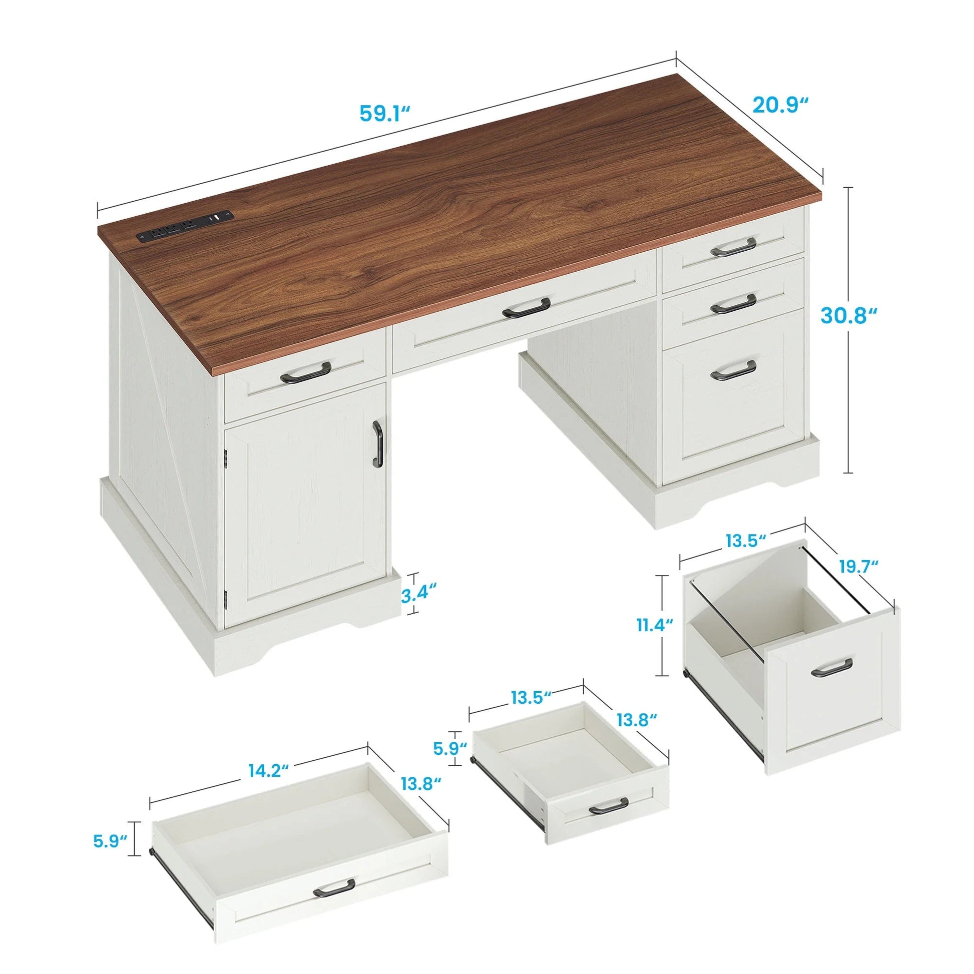 Home Office Desk with File Cabinet and Drawers, 59" Executive Desk with USB Power Outlet, Storage Cabinet for CPU, Workstation Table for Study, Walnut & Warm White