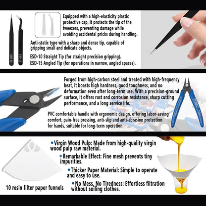 52 Pcs Resin 3D Printing Tool Kit with 304 Stainless Steel Resin Filter Funnel，Silicone Pad, Scraper，Tweezers & Cleaning Tools | Accessories for Model Removal, Resin Recycling & Post-Processing