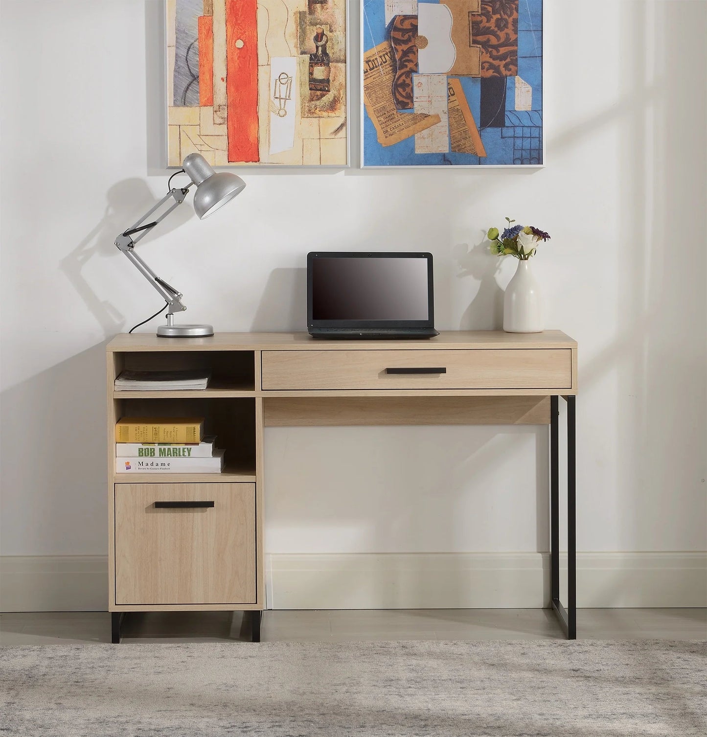 Wood & Metal Writing Desk with 1 Drawer and 1 Door for Teen Adult,29.92 In, Natural Finish.