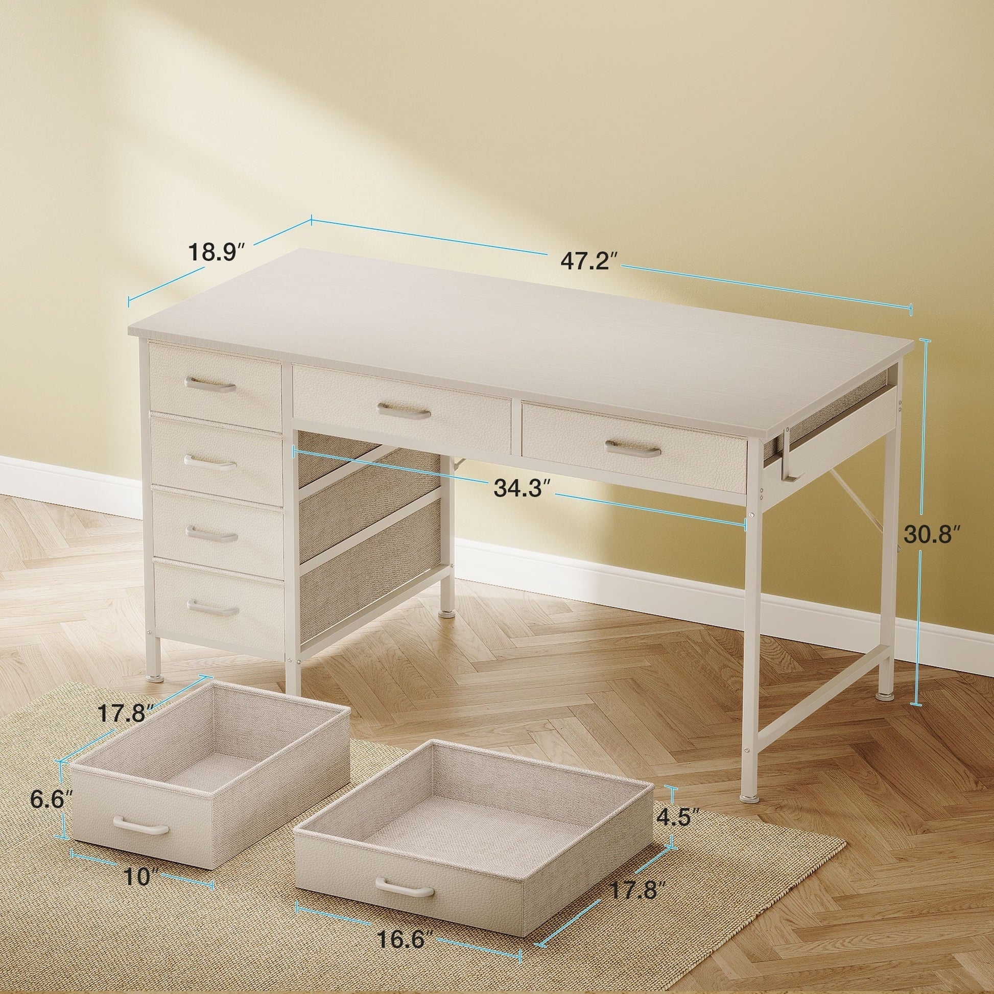 48" Home Office Desk with 6 Drawers, Modern Computer Desk with Small Space, Corner Computer Desk, Pure White