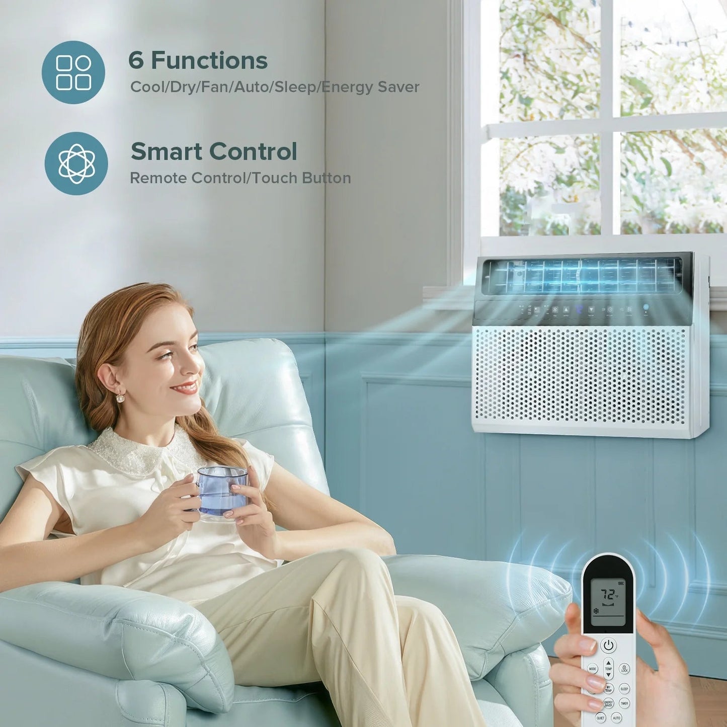 Window Air Conditioner, 12,000 BTU Ashrae Cools 550 Sq.Ft, Window AC Unit 6-In-1 Mode, 24-Hour Timing, Remote Control of Room/Office/Apartment