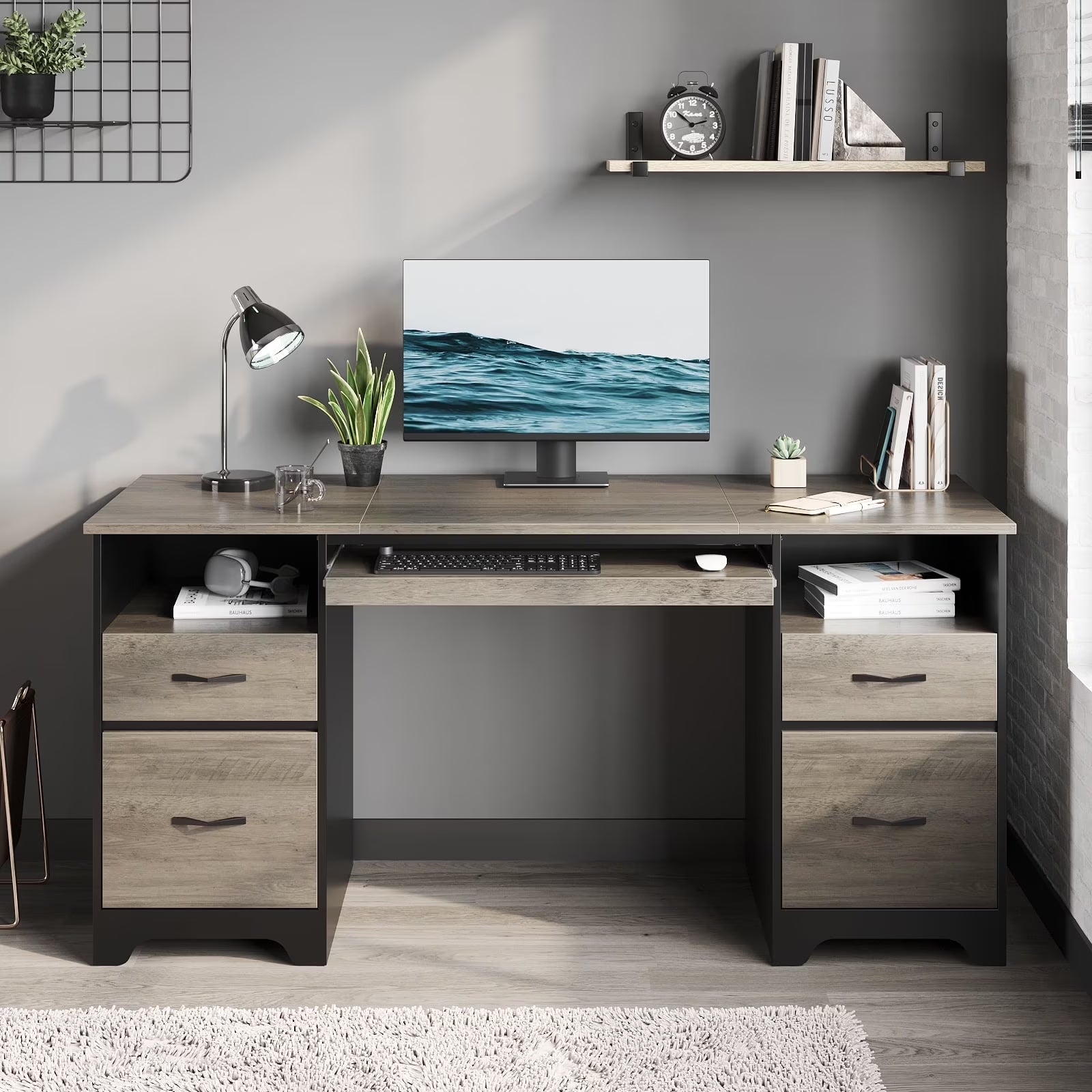 59” Computer Desk with 4 Drawers, Office Executive Desk with File Drawer, Keyboard Tray for Home Office, Gray
