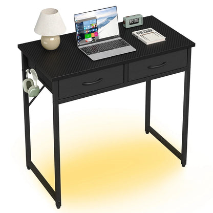 32 Inch Small Desk Computer Desk with Fabric Drawers& RGB LED Light, Writing Desk, White Vanity Desk with Hanging Hook Hook for Home, Bedroom, Black