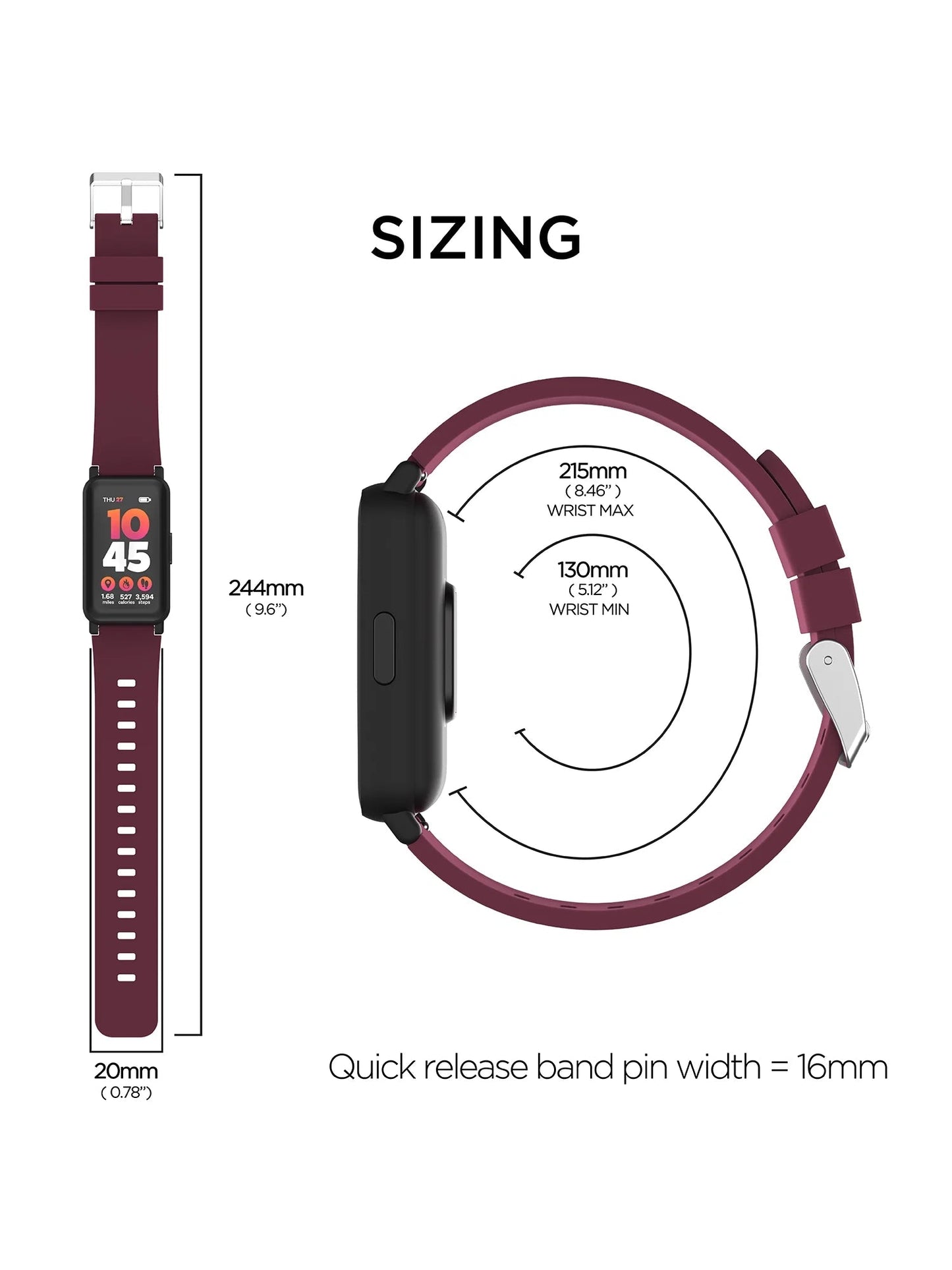 Active 3 Unisex Adult Smartwatch Fitness Tracker, Merlot, Silicone Strap