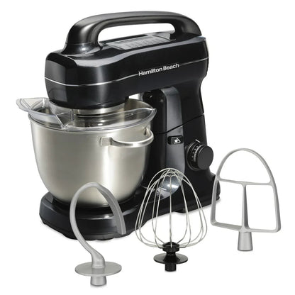 Electric Stand Mixer with 4 Quart Stainless Bowl, 7 Speeds, Whisk, Dough Hook, and Flat Beater Attachments, Splash Guard, 300 Watts, Black, 63394