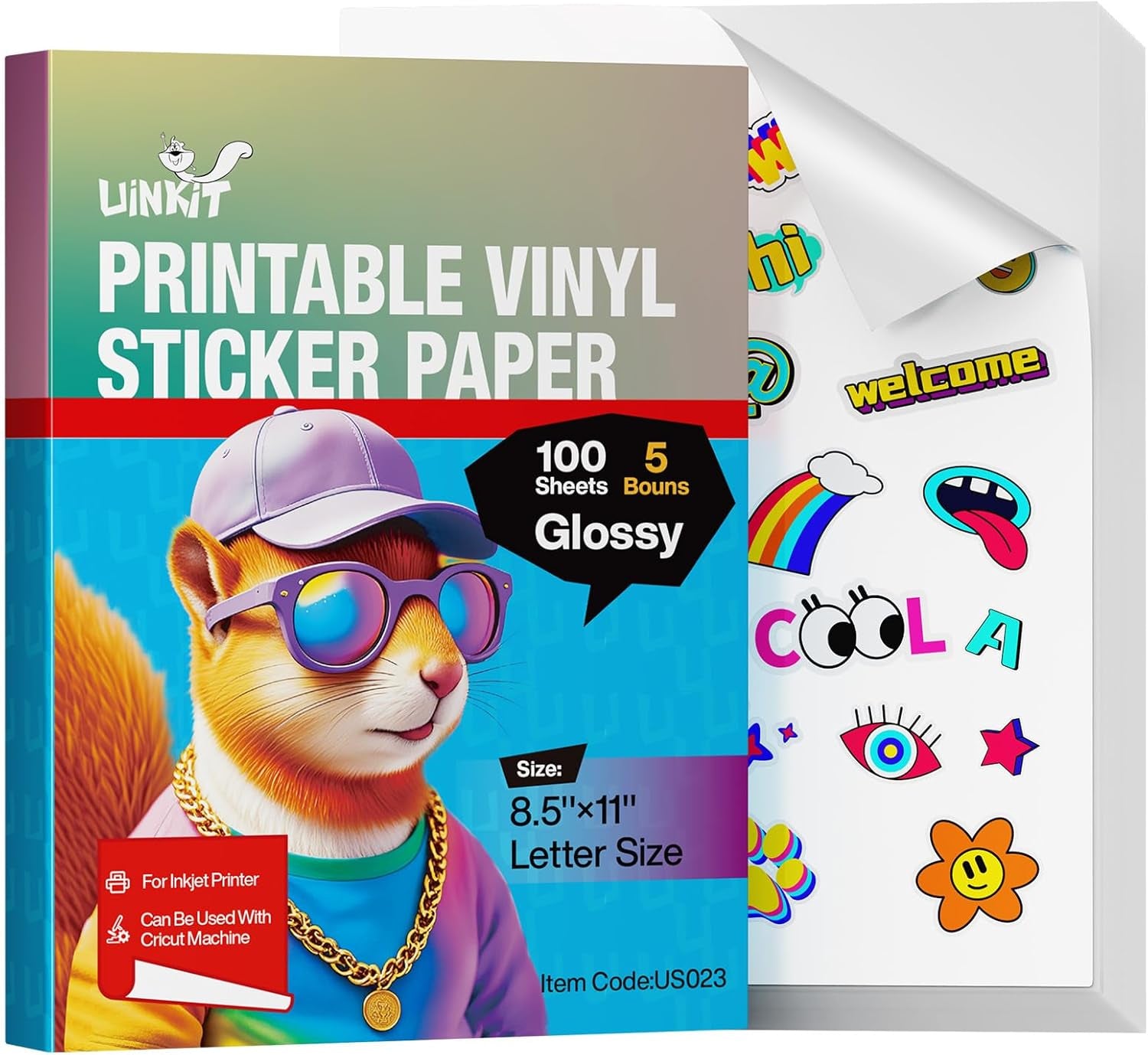 105 Sheets Premium Printable Vinyl Sticker Paper for Inkjet Printer Cricut,Included 100Sheets Glossy and 5Sheets Transparent Label Waterproof Adhesive Dries Quickly Tear-Resistant, Removable