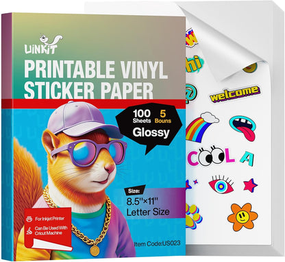 105 Sheets Premium Printable Vinyl Sticker Paper for Inkjet Printer Cricut,Included 100Sheets Glossy and 5Sheets Transparent Label Waterproof Adhesive Dries Quickly Tear-Resistant, Removable