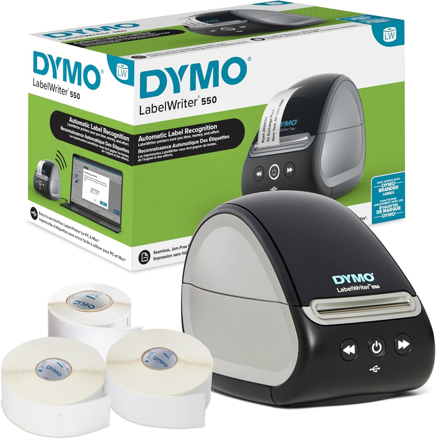 DYMO Labelwriter 550 Label Printer Bundle Label Maker with Direct Thermal Printing Automatic Recognition Includes 1 Roll Each: Address Labels Multipurpose