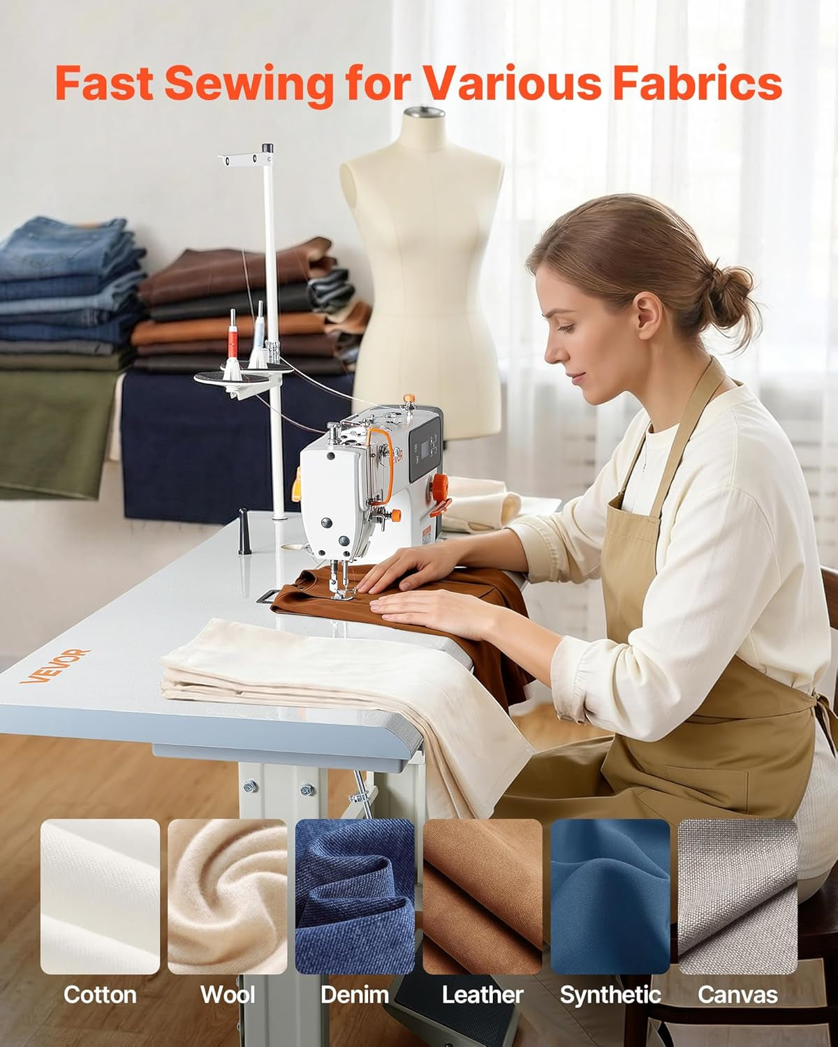 VEVOR Industrial Lockstitch Sewing Machine, 550W Servo Motor Commercial Sewing Machine Set with Table Stand, 5000 SPM High Speed, Auto Thread Trimmer, Metal Frame for Denim Cotton Sewing