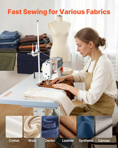 VEVOR Industrial Lockstitch Sewing Machine, 550W Servo Motor Commercial Sewing Machine Set with Table Stand, 5000 SPM High Speed, Auto Thread Trimmer, Metal Frame for Denim Cotton Sewing