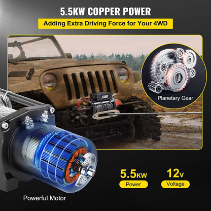 Electric Winch 13000Lbs, Truck Winch Compatible with Jeep Truck SUV 80Ft/20M, Synthetic Rope 12V Power Winch with Wireless Long-Distance Control, Powerful Motor for ATV UTV off Road Trailer