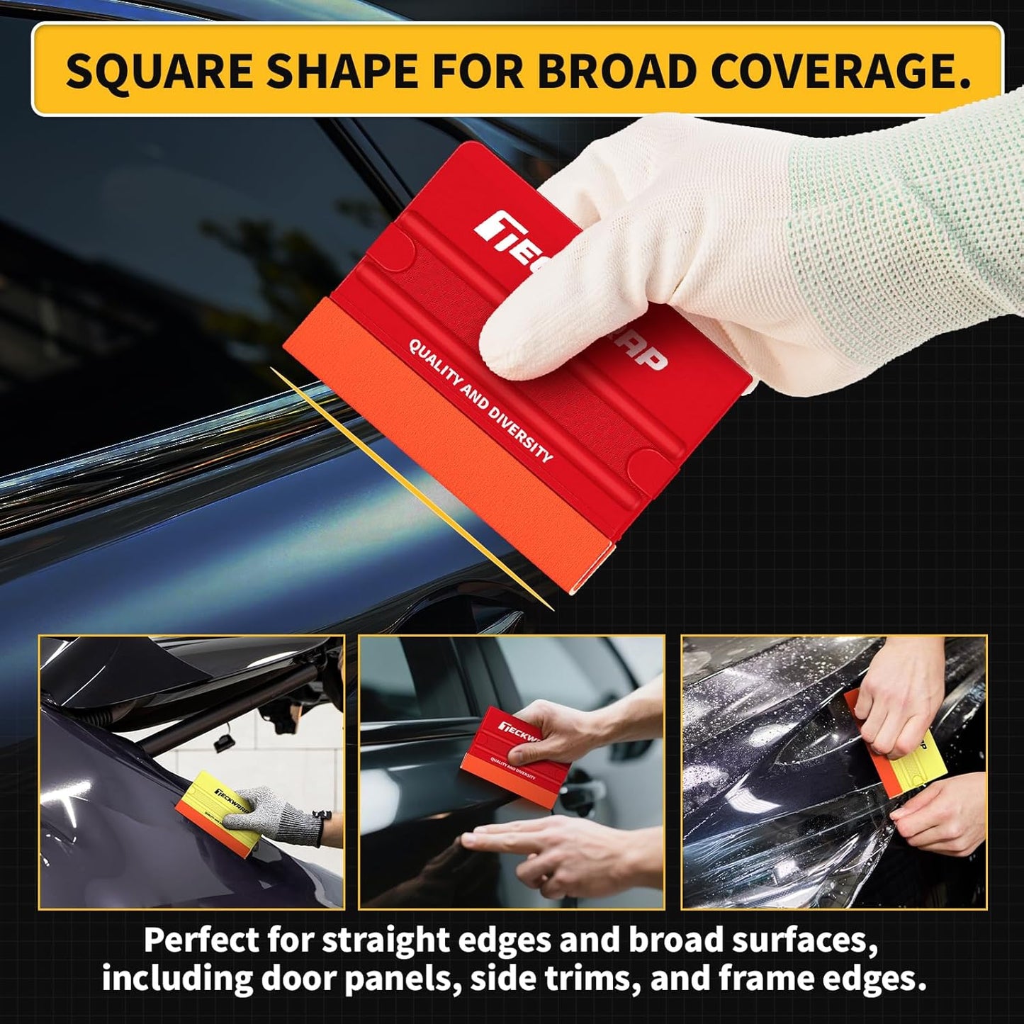 Felt Squeegee for Vinyl Wrap, 2 Hardness Options Vinyl Scraper Tool with Anti-Slip Twin Ribs & Dual-Corner Design for PPF, Tint & Decals (Yellow 40A / Red 60A)