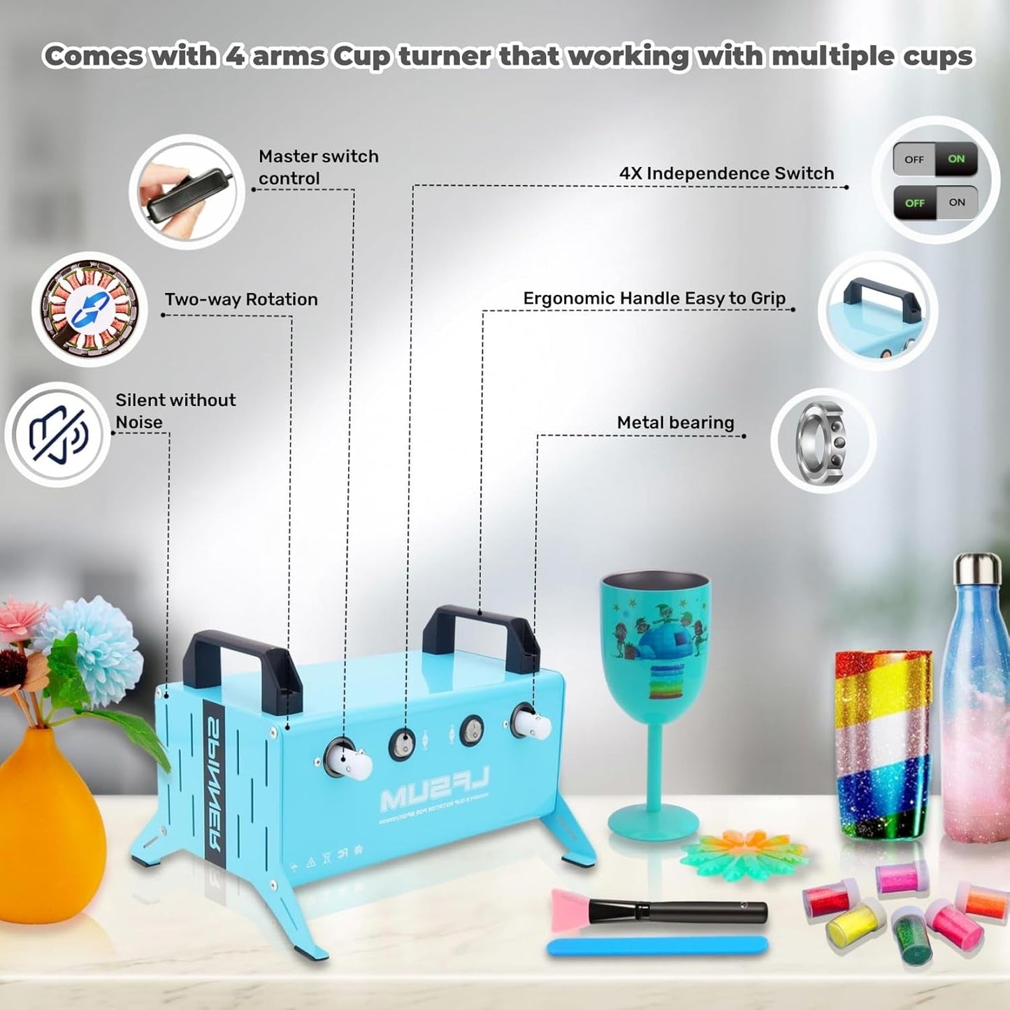 LFSUM 4 Arm Cup Turner for Crafts Tumbler,Multi Tumbler Spinner Machine Kit,Tumbler Turner DIY Glitter Epoxy Resin Tumblers (4X-Cup-Blue)