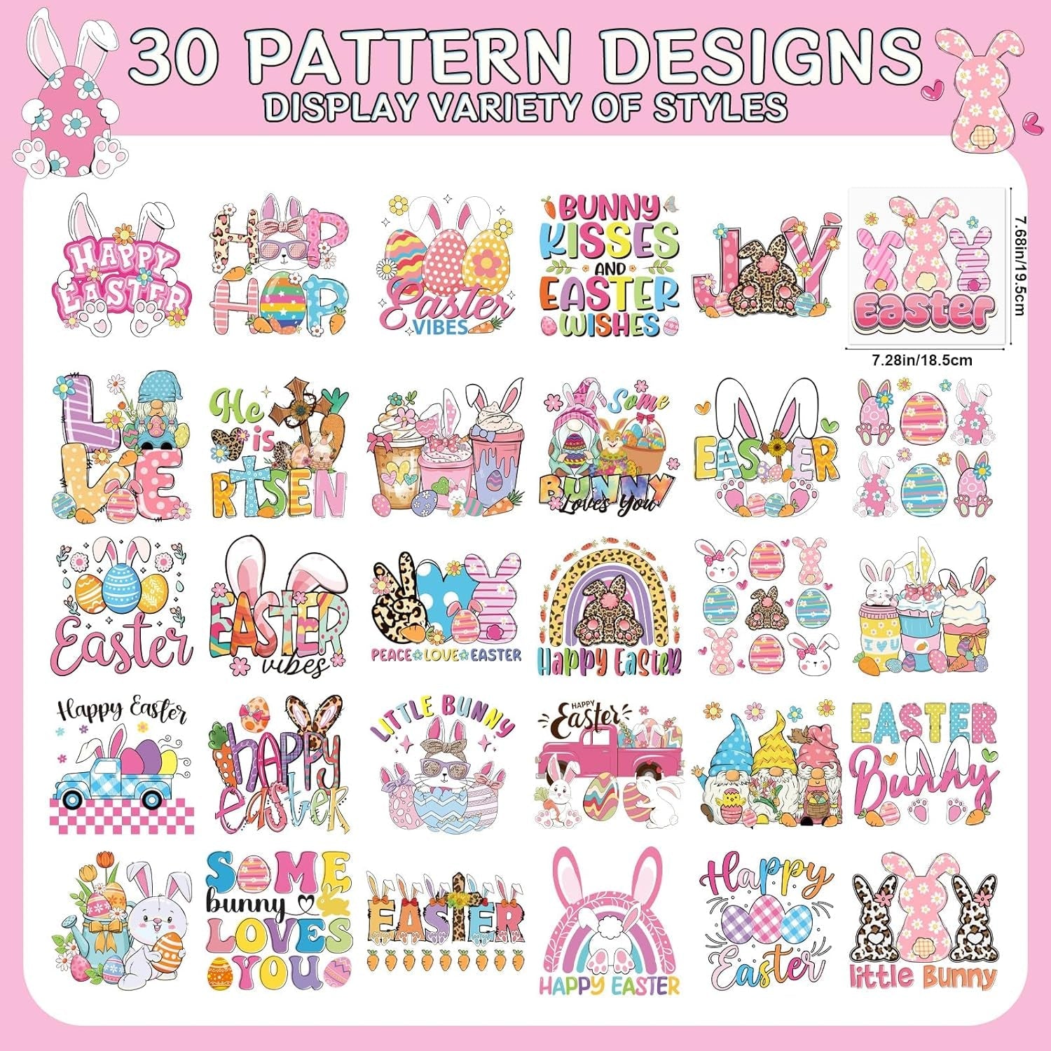 Dtf Transfers Ready to Press - 30Pcs Happy Easter Iron on Transfer for Tshirts, Easter Bunny Eggs Gnomes Iron on Decals Patches, Easter’S Day Heat Sublimation Stickers for DIY Clothes Bags