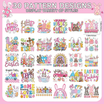 Dtf Transfers Ready to Press - 30Pcs Happy Easter Iron on Transfer for Tshirts, Easter Bunny Eggs Gnomes Iron on Decals Patches, Easter’S Day Heat Sublimation Stickers for DIY Clothes Bags