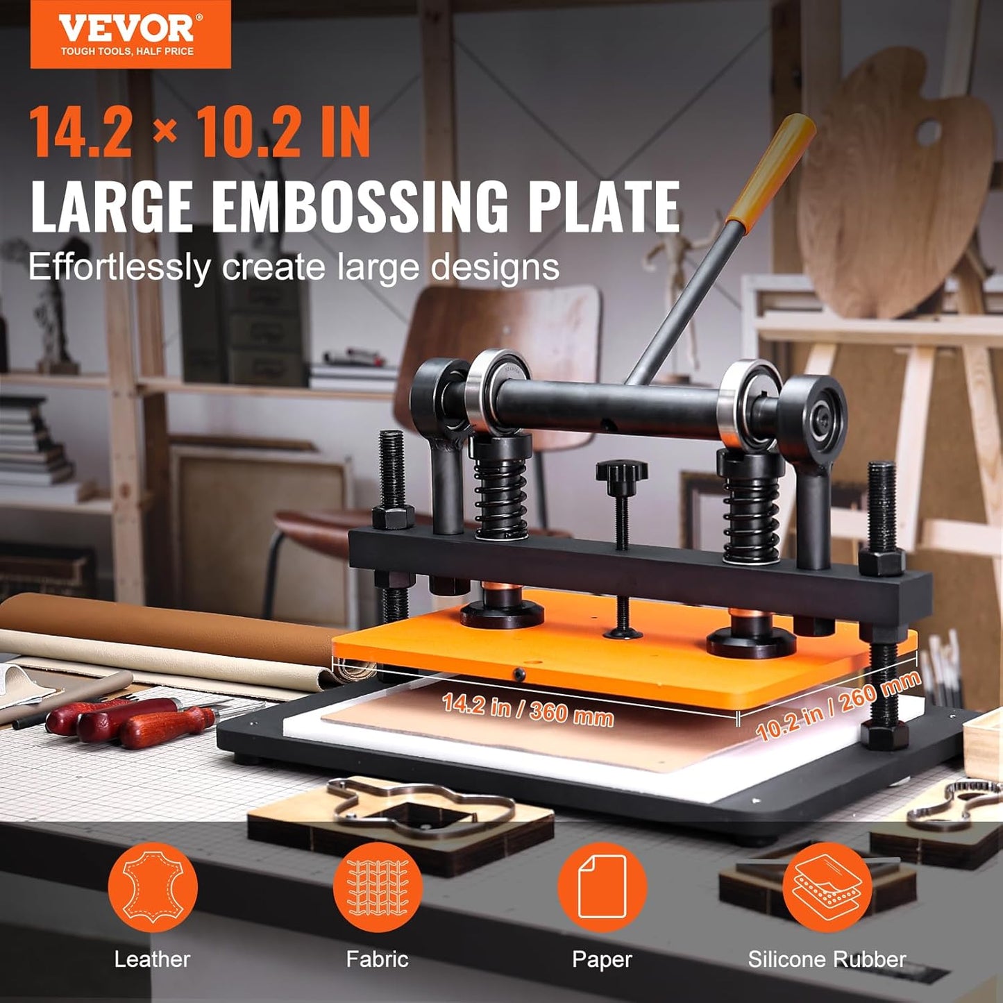 VEVOR Leather Cutting Machine, 14.2 X 10.2 in Embossing Plate Manual Die Cutter, 0.47 in Pressure Stroke Leather Embossing Machine, Dual Guide Shafts Die Cut Machine for Various of Materials