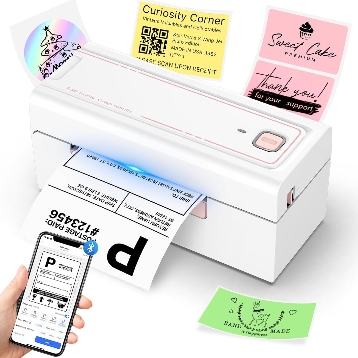 Bluetooth Thermal Label Printer, Wireless 4X6 Shipping Label Printer for Small Business & Shipping Packages, Support Iphone, Android, Windows, Macos, Work for Amazon, Ebay, Shopify, Etsy, USPS