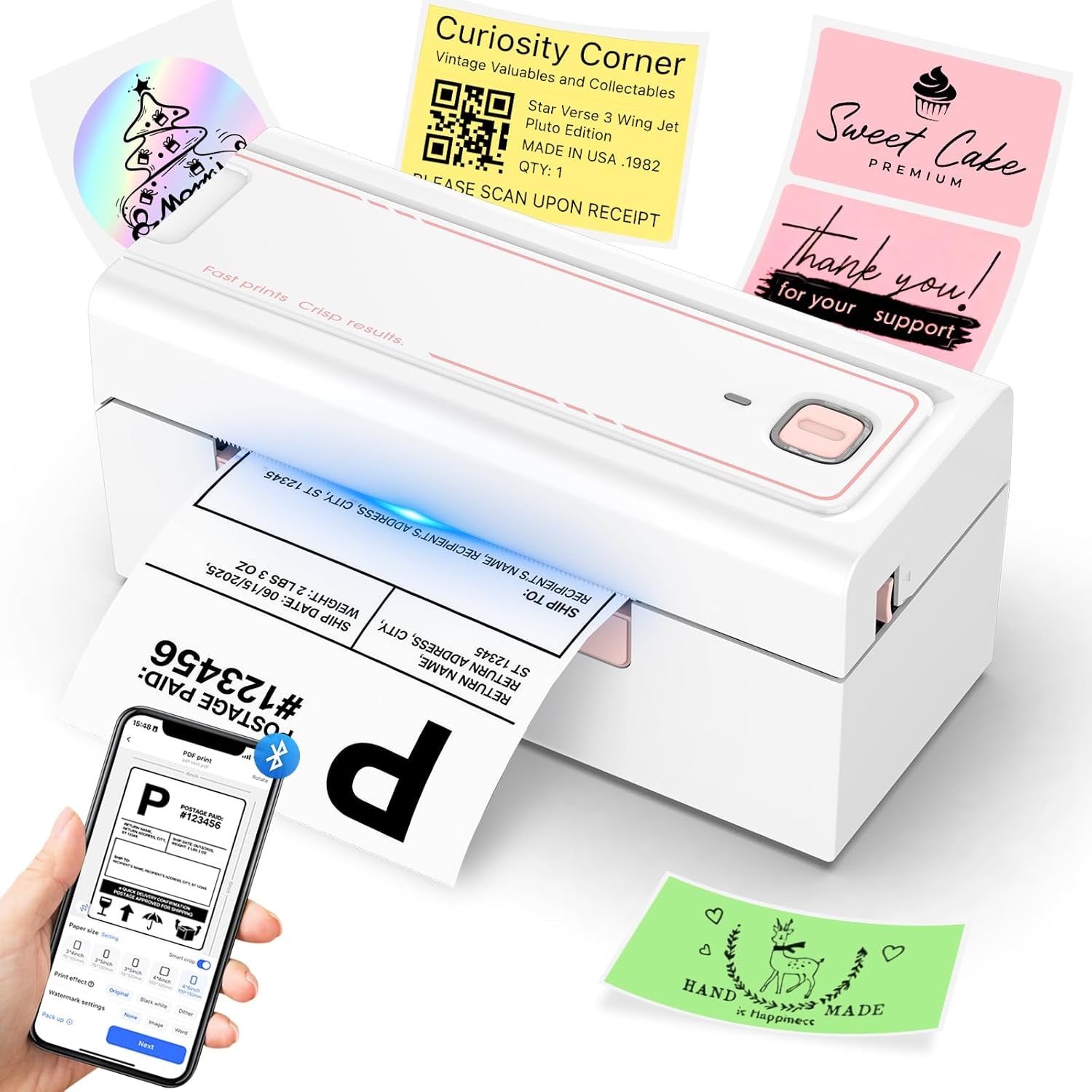Bluetooth Thermal Label Printer, Wireless 4X6 Shipping Label Printer for Small Business & Shipping Packages, Support Iphone, Android, Windows, Macos, Work for Amazon, Ebay, Shopify, Etsy, USPS