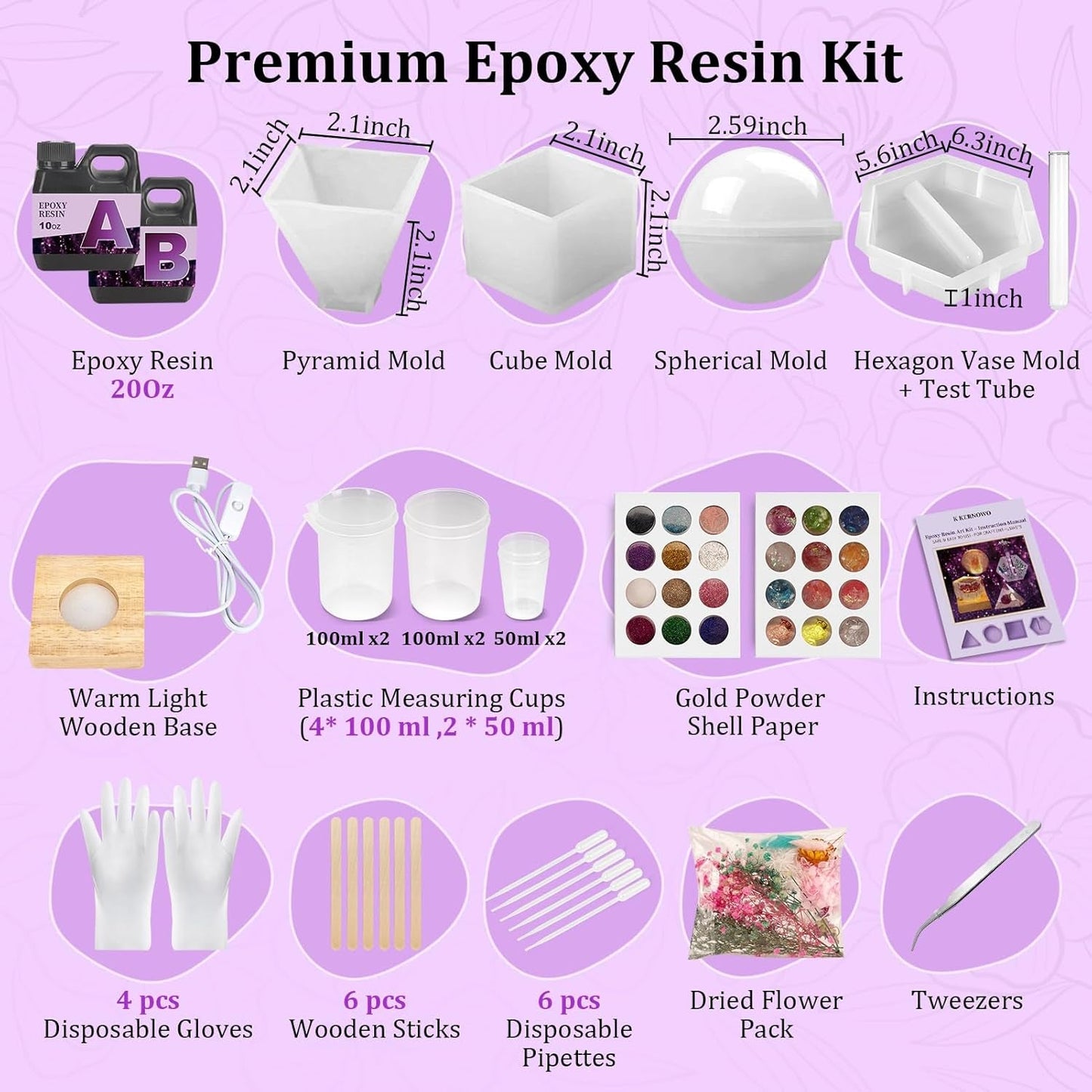 K KERNOWO Epoxy Resin Kit with Light for Beginners, Resin Kit and Molds Complete Set DIY Crafts for Adults Women, Epoxy Set with Vase Mold, 3D Dried Flowers, Measuring Cups and Resins Supplies-20Oz