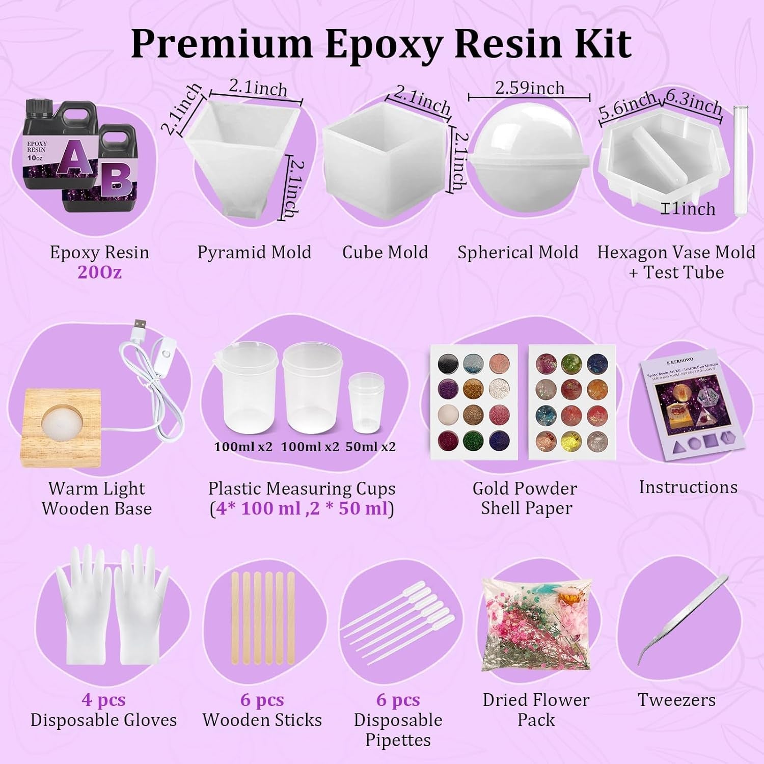 K KERNOWO Epoxy Resin Kit with Light for Beginners, Resin Kit and Molds Complete Set DIY Crafts for Adults Women, Epoxy Set with Vase Mold, 3D Dried Flowers, Measuring Cups and Resins Supplies-20Oz