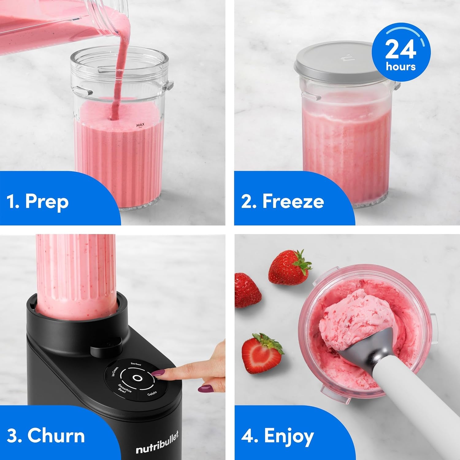 Nutribullet Chill Ice Cream Maker, for Gelato, Sorbet, Frozen Yogurt, Smoothie Bowls, Compact Size, (2) Dishwasher Safe 16 Oz. Pint Cups with Lids, Black, NBD50100AK