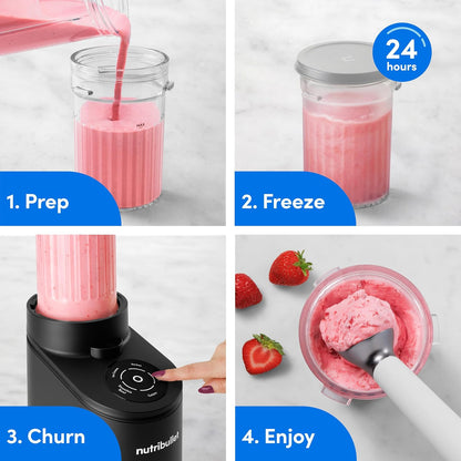 Nutribullet Chill Ice Cream Maker, for Gelato, Sorbet, Frozen Yogurt, Smoothie Bowls, Compact Size, (2) Dishwasher Safe 16 Oz. Pint Cups with Lids, Black, NBD50100AK